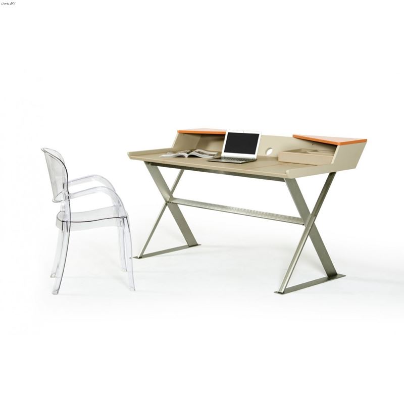 Modrest Bradley Modern Beige Leather and Orange Office Desk